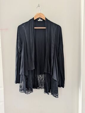 Umgee Black Lace Hem Open Front Cardigan Sweater Small